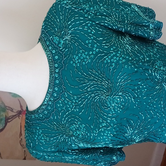Vintage Sequin dress round neck short sleeve mini silk teal green size 6-8 - Picture 1 of 13